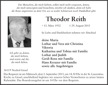 Traueranzeige von Theodor Reith 