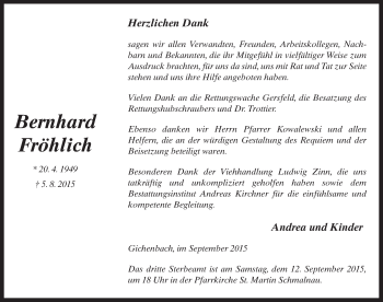 Traueranzeige von Bernhard Fröhlich 