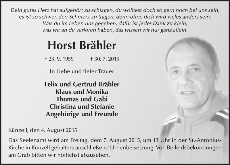  Traueranzeige für Horst Brähler vom 04.08.2015 aus 
