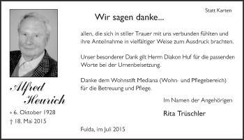 Traueranzeige von Alfred Heurich 