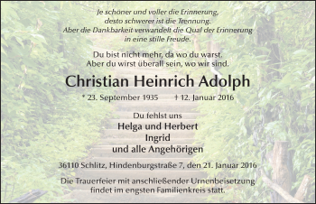 Traueranzeige von Christian Heinrich Adolph 