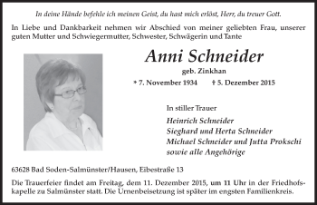 Traueranzeige von Anni Schneider 