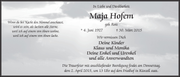 Traueranzeige von Maja Hofem 
