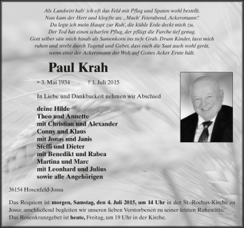 Traueranzeige von Paul Krah von Fuldaer Zeitung
