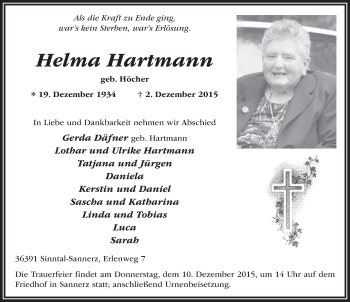 Traueranzeige von Helma Hartmann 