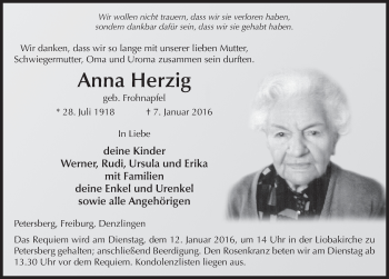 Traueranzeige von Anna Herzig 