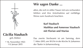 Traueranzeige von Cäcilia Staubach 
