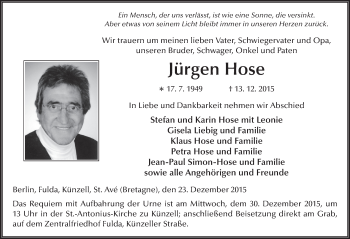 Traueranzeige von Jürgen Hose 