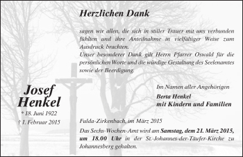 Traueranzeige von Josef Henkel 