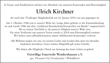 Traueranzeige von Ulrich Kirchner 
