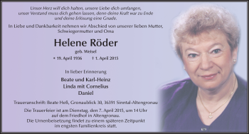 Traueranzeige von Helene Röder 