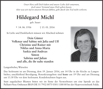 Traueranzeige von Hildegard Michl 