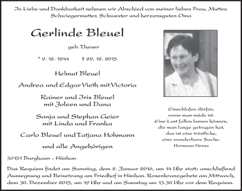 Traueranzeige von Gerlinde Bleuel 