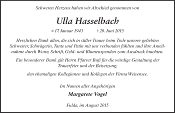 Traueranzeige von Ulla Hasselbach 