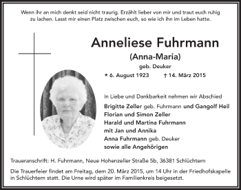 Traueranzeige von Anneliese Fuhrmann 