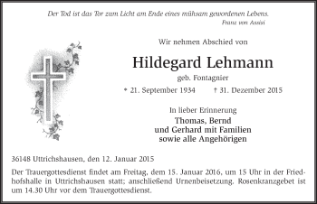 Traueranzeige von Hildegard Lehmann 