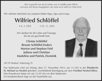 Traueranzeige von Wilfried Schlöffel 