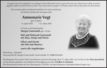 Traueranzeige von Annemarie Vogt 