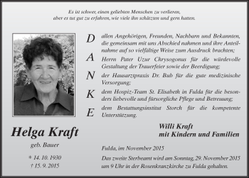 Traueranzeige von Helga Kraft 