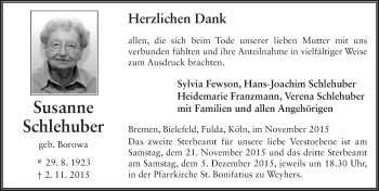 Traueranzeige von Susanne Schlehuber 