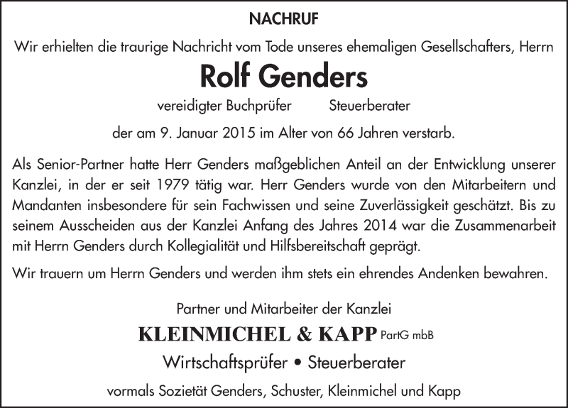  Traueranzeige für Rolf Genders vom 14.01.2015 aus 