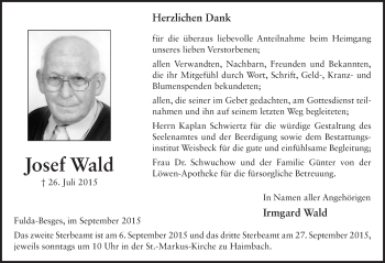 Traueranzeige von Josef Wald 