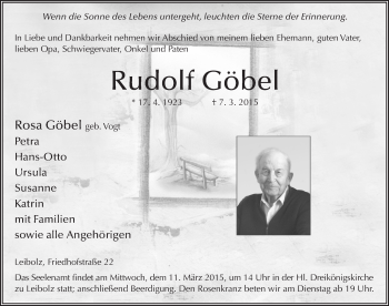 Traueranzeige von Rudolf Göbel 