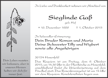 Traueranzeige von Sieglinde Gaß 