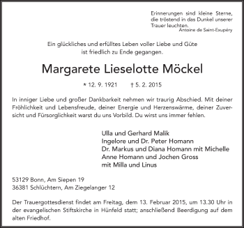 Traueranzeige von Margarete Lieselotte Möckel 