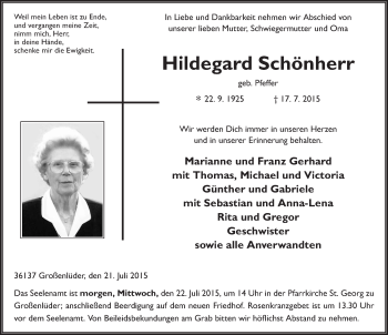Traueranzeige von Hildegard Schönherr 