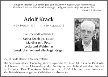 Traueranzeige von Adolf Krack 