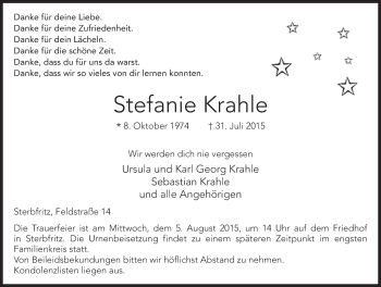 Traueranzeige von Stefanie Krahle 
