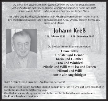 Traueranzeige von Johann Kreß 
