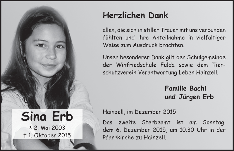  Traueranzeige für Sina Erb vom 04.12.2015 aus 