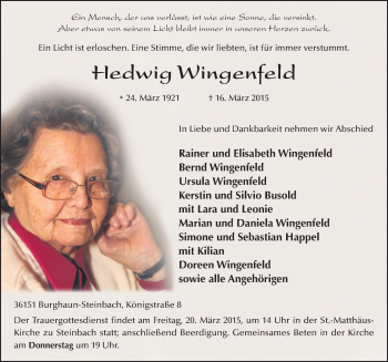 Traueranzeige von Hedwig Wingenfeld 