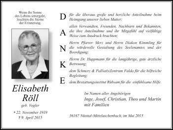 Traueranzeige von Elisabeth Röll 