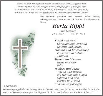 Traueranzeige von Berta Rippl 