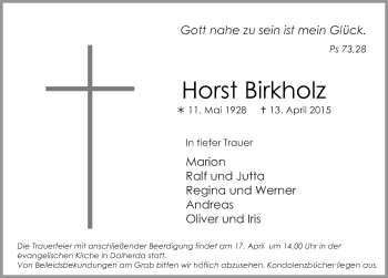 Traueranzeige von Horst Birkholz 