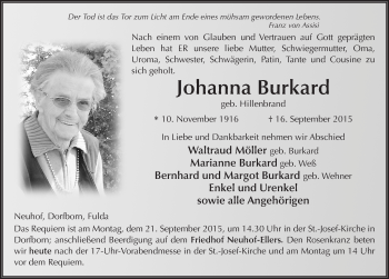 Traueranzeige von Johanna Burkard 