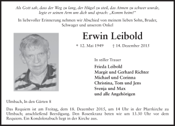 Traueranzeige von Erwin Leibold 