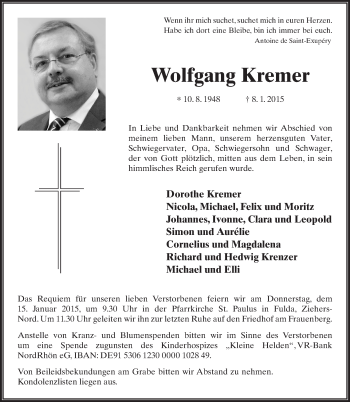 Traueranzeige von Wolfgang Kremer 