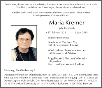 Traueranzeige von Maria Kremer 