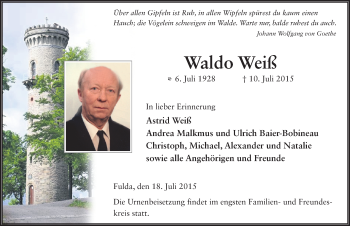 Traueranzeige von Waldo Weiß 