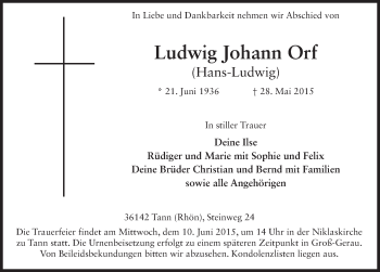 Traueranzeige von Ludwig Johann Orf 