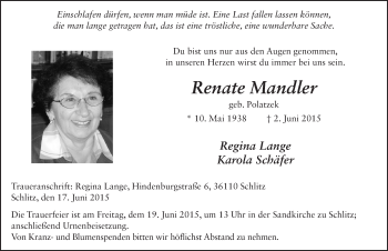 Traueranzeige von Renate Mandler 