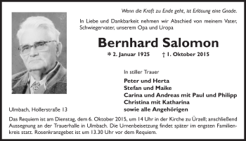 Traueranzeige von Bernhard Salomon 