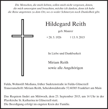 Traueranzeige von Hildegard Reith 