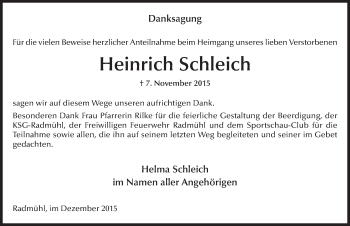 Traueranzeige von Heinrich Schleich 