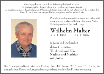 Traueranzeige von Wilhelm Malter 