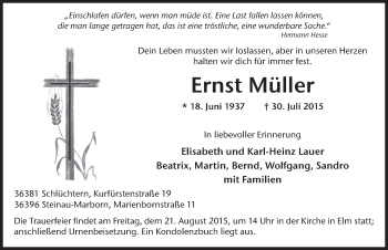 Traueranzeige von Ernst Müller 